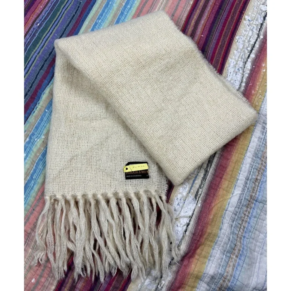 Vtg St Michael Ivory Cream Mohair Wool Blend Rectangle Scarf 18x60